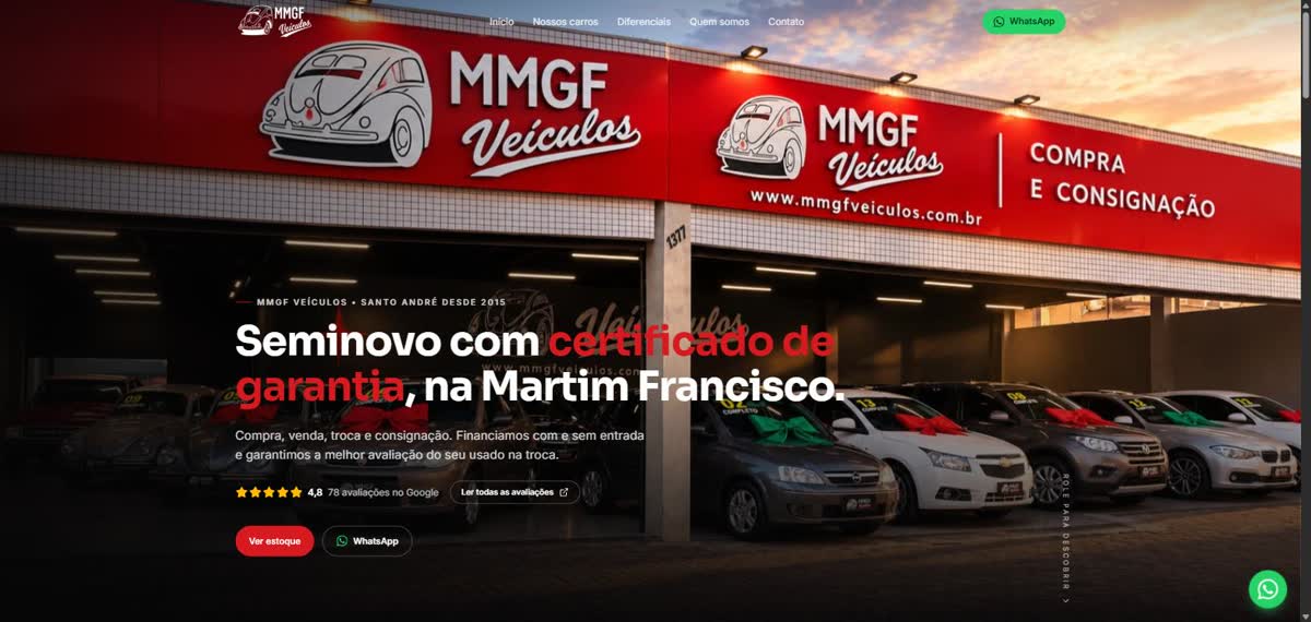 Tela inicial do Pátio Digital para a MMGF Veículos, com a fachada da loja, o título Seminovo com certificado de garantia e a nota 4,8 no Google